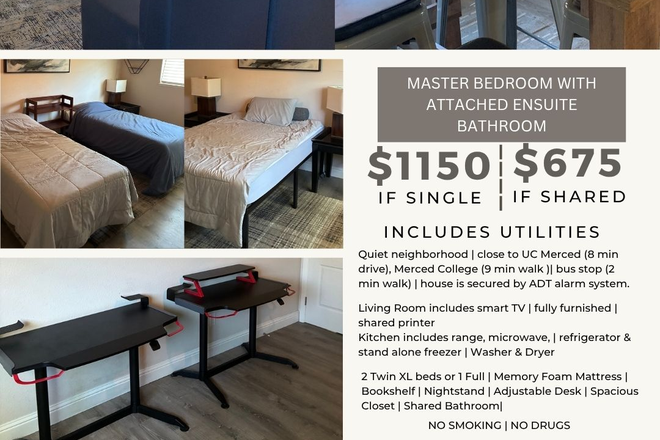 Master Bedroom Flyer - Quiet home, Master Bedroom w/ensuite full bathroom (single or double occupancy), co-ed house
