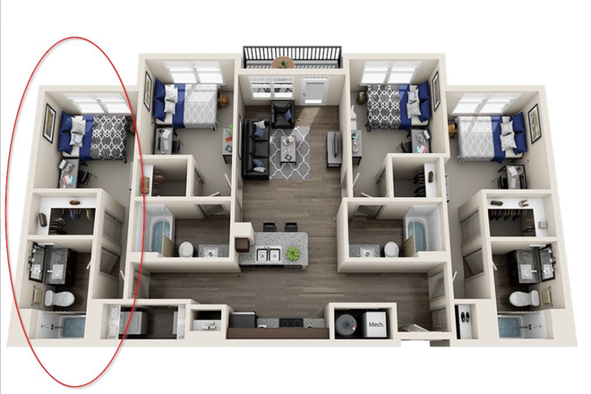 apartment layout - circled is unit for sublet - Sublet Available: includes Hard-to-Find Covered Parking - Walking distance to Campus