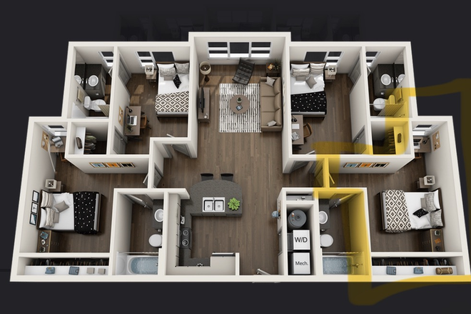 4 bedroom x 4 bathroom apartment, highlighted unit available for sublease, 3/4 spots occupied - Proximity at 10th