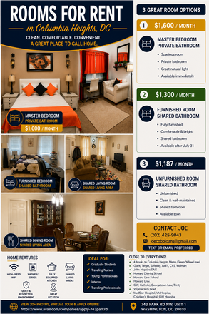 Description of available options - Room Rentals $1187 to 1600 Available Unfurnished/Furnished for DC students & international students House
