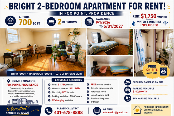 Bedrooms, Livingroom - Wickenden St 2BR • 700 Sq Ft • FREE Laundry • Near Brown • $1,750