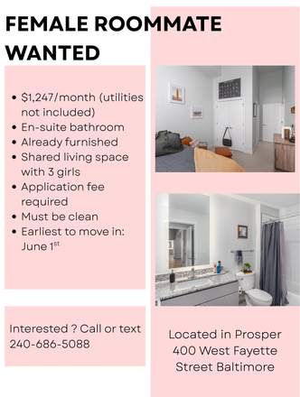 Poster Flyer- Female Roommate Wanted - Prosper on Fayette Apartments