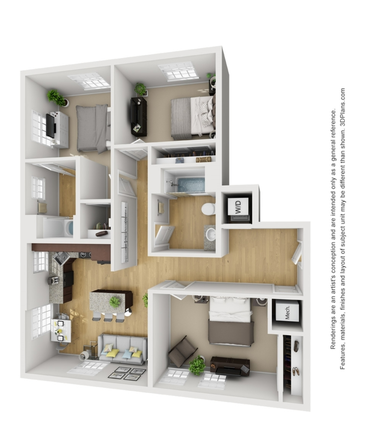 Apartment Floorplan - Uni West 3 Bedroom 3 Bath, Across street from JHU Campus