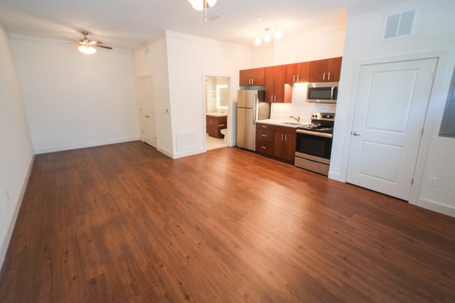 Large living space, plus the nook under the far ceiling fan is a perfect space for your bed! - The Quad Luxury Studio, built in 2019, two blocks from campus, washer & dryer (Lease takeover)