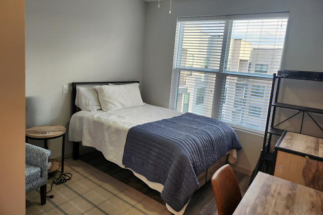 Photo of Bedroom, with provided bedframe and bedside table - 320 West Mag Apartment 615 Lease Takeover for Spring and Summer Semesters(Jan-July)
