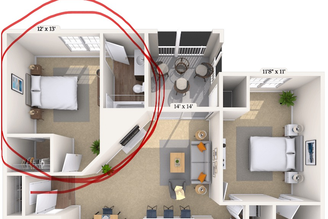 Layout with master suite circled - MAA James Island Apartments