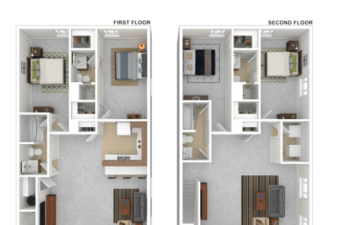 Floorplan showing the bedrooms, bathrooms, and living areas such as kitchen and living rooms - Maple Ridge Townhomes