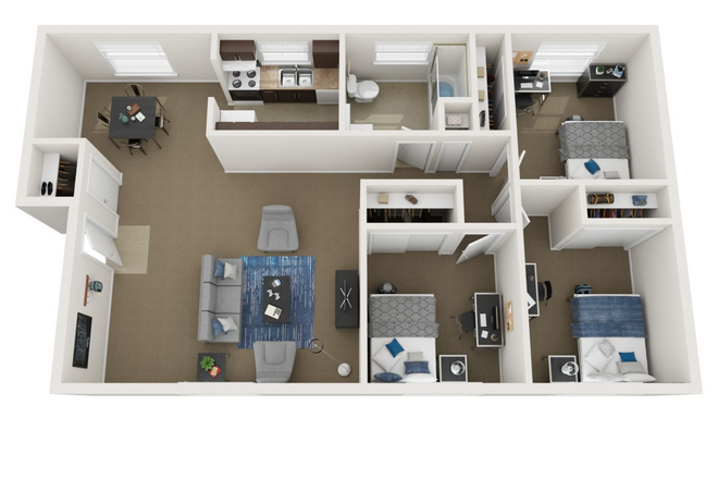 3 Bedroom Floorplan, 1025 sq. ft. - The Mill Apartment, walkable to everything that you need
