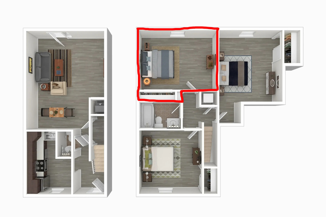 Biggest bedroom in floorplan, room furnished with bed, desk, chair, drawers, & end table - Spring Lease Takeover for Terrace View Townhouse