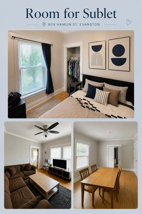 Spacious bedroom with large window + living and dining rooms - *Spacious* Room Sublet (1-5 rooms): 2 BLOCKS FROM NU! Sept 1 - Dec 31 (909 Hamlin St)