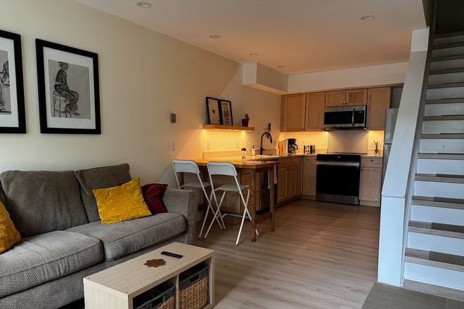 Butcher block, eat-in kitchen table with seating for 4. Under cabinet lighting. - One Bedroom Townhome, Fully Furnished, All Utilities, Parking, Flexible Lease