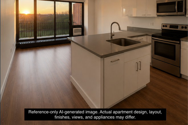 AI-generated reference image of the unit's living room, kitchen, and balcony view. Based on other SFP listings. - Bedroom with private bathroom - Beautiful 7th floor apartment at 2 Soldier's Field Park