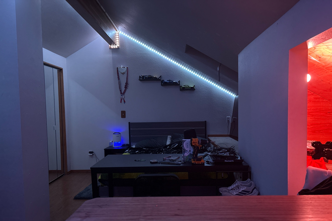 Large bedroom with two skylights, 3 storage spaces with a decent sized closet, the room includes a sink with a cabinet underneath for storag - Gold Run Condimoniums