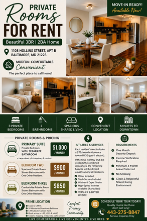 Info Flier - 3 Beautiful Private Rooms for Rent