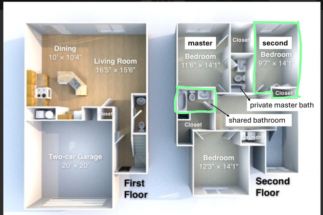 Private room floor plan - Flexible move-in: Master and Private Room Available in 3B/2.5 Bath Jan - July 2026