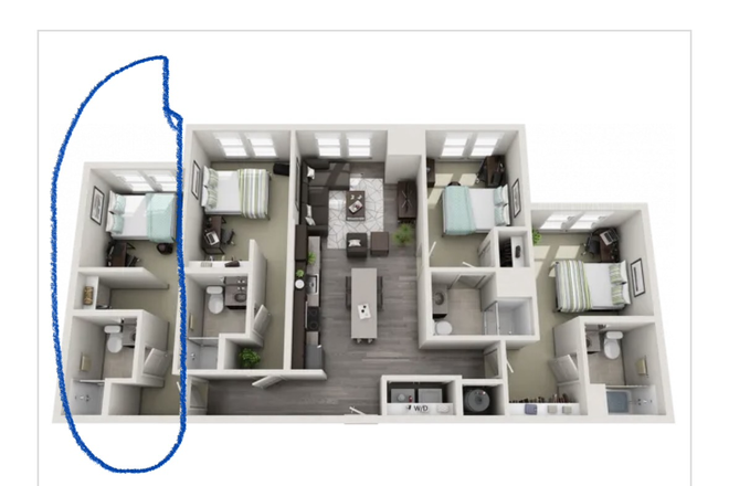 Floor plan with bedroom for sublease circled - Skyvue