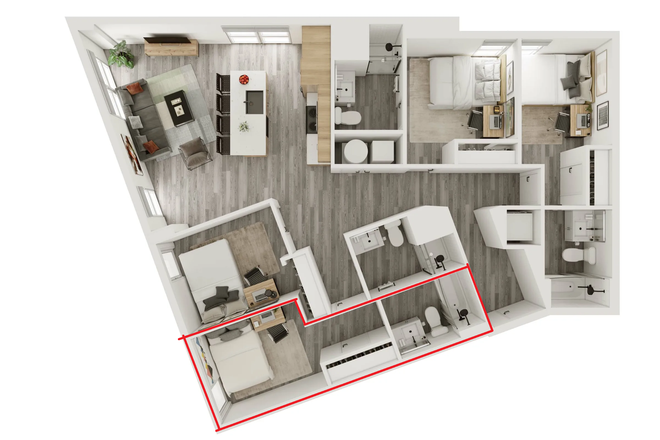Floor plan with bedroom highlighted - Verve 1 Bedroom/private Bathroom Summer Sublet