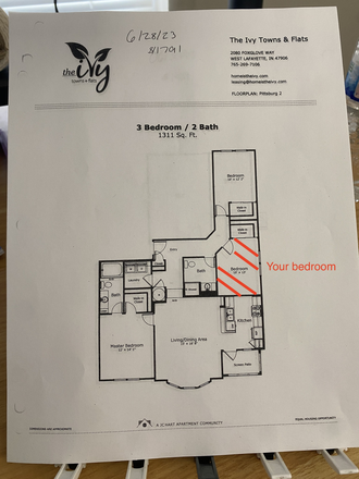 Floor plan - 1 bedroom re-let available at The Ivy (3bed 2bath with grad students)