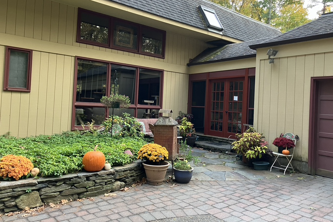 front of house - Quiet place to study/retreat; private bath; woodlands, trails;10 min to town; can be furnished