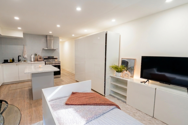 Living area with kitchen, dining and a sofa bed - Bright Furnished 1BR | 750 Sq Ft | All-Inclusive | Near Lansdowne Station