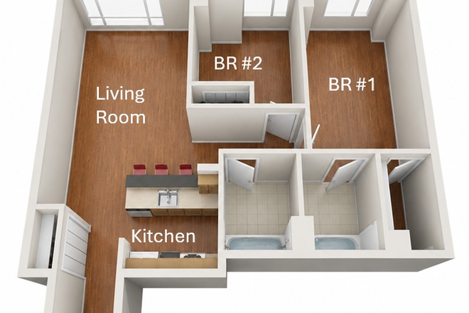 Basic floorplan. Room share is BR #1. - Roomshare in 2BR - Peninsula Apartments - 3 roommates total (includes YOU!)
