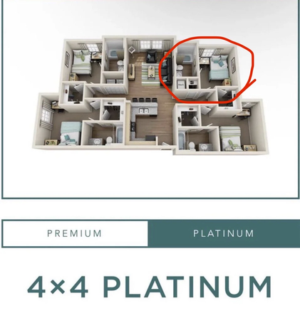 Unit Layout and circled specific bedroom for rent - 4x4 female Orion On Orpington (January paid for)