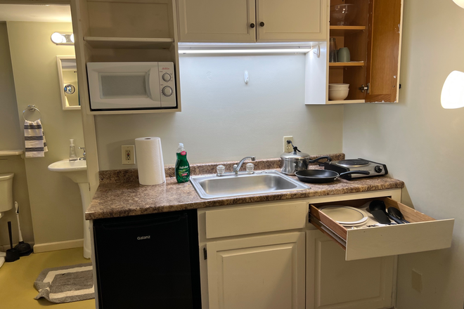 kitchen counter, sink, fridge, micro - One Person Studio Apartment, all utilities included, 3 miles from campus, prvt entry, off street pkg