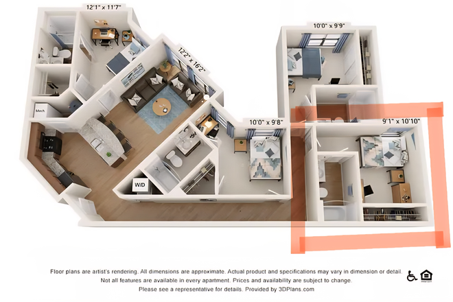 Floorplan: Bedroom for rent boxed in red - Sublet for Spring 2026 at The Varsity Apartments