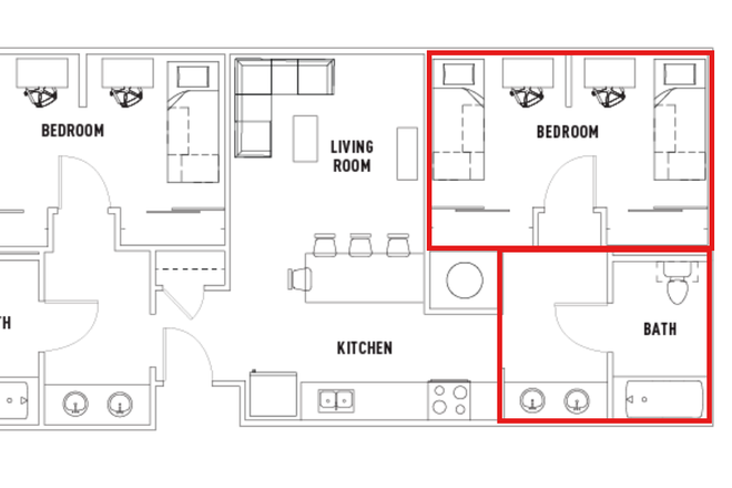 This image shows the complete layout for the 2 bedroom 2 bathroom apartment. - Plaza Verde Sublease: PRIVATE July–August (2B/2B)