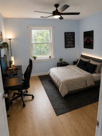 AI generated, this furniture is not available - 3 BR house with 2 car garage, 1 block from campus, washer/dryer/dishwasher, fenced backyard,