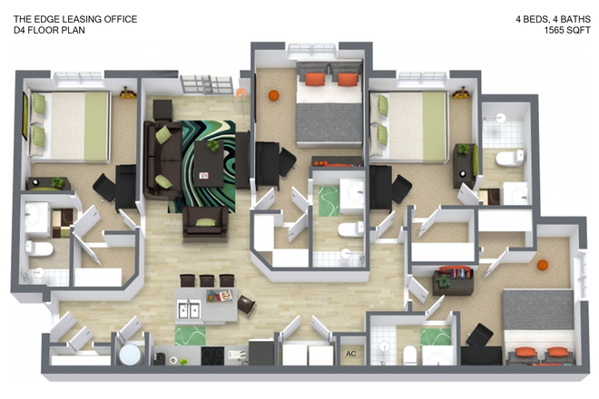 Bedroom offered would be on the far right of the floor plan. - Apartment at the top of campus