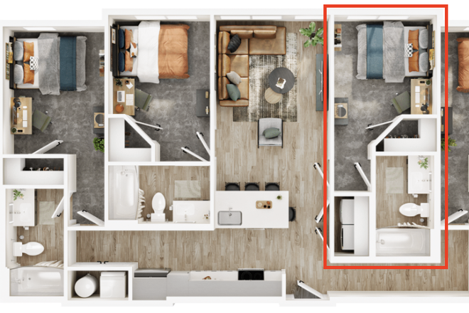 4x4 floor plan layout – private bedroom and bathroom highlighted, shared kitchen and living area - UCF Summer Sublease – Private Room and Bathroom, Fully Furnished, Great Location Apartments