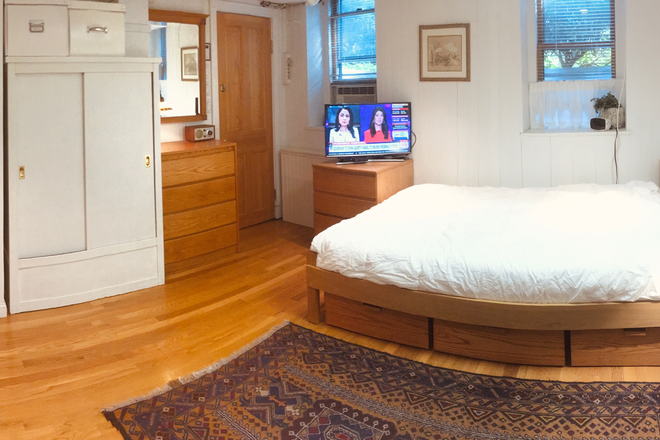 Main Room features full size bed and plenty of storage - WALK TO HARVARD. Furnished 1-Bedroom garden studio, in-unit laundry, heat + all utilities. Apartments