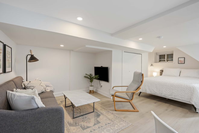 Living room area with coach, chair and Roku TV - Renovated Basement Studio With Laundry And All Utilities Incl.