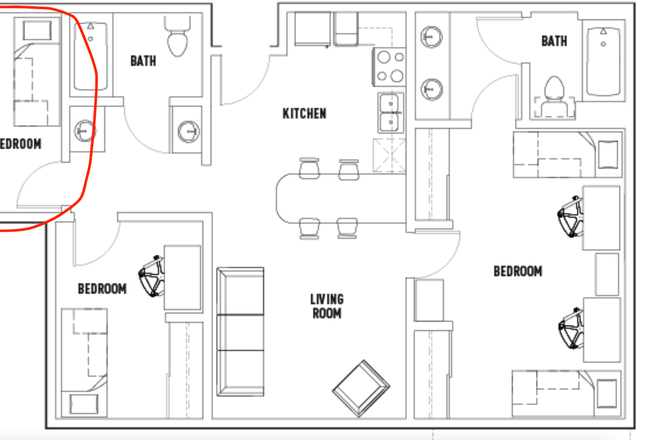 Unit Floorplan. Bedroom is marked - Vista Del Campo Norte Summer Sublease — Private Bed, Shared Bath (3B2B)