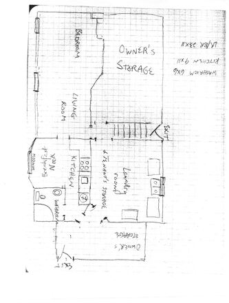 Floor Plan, Two private entrances, side and back. Room Dimensions: Living/bdrm 23' x11'; kitchwe 9' x11'.;Washroom 6'x6' - Dufferin Grove, 420 sq. ft. studio, util. incl., storage, wash/dryer, partial furn. optional