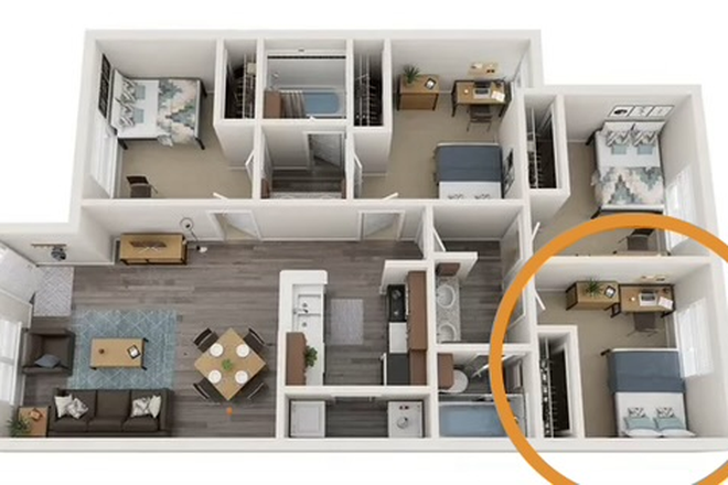Floorplan with bedroom D circled - Bedroom Sublease at The Commons - 4bd/2ba