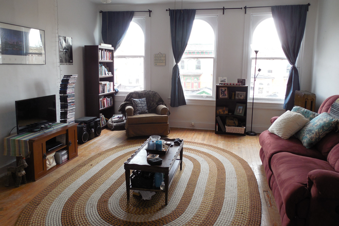 Front living and study room looking over Calvert Street - Affordable Furnished Apartment within the Johns Hopkins Campus Security Patrol Zone