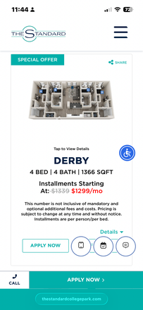 Layout of the Derby 4x4 Floorplan - The Standard at College Park