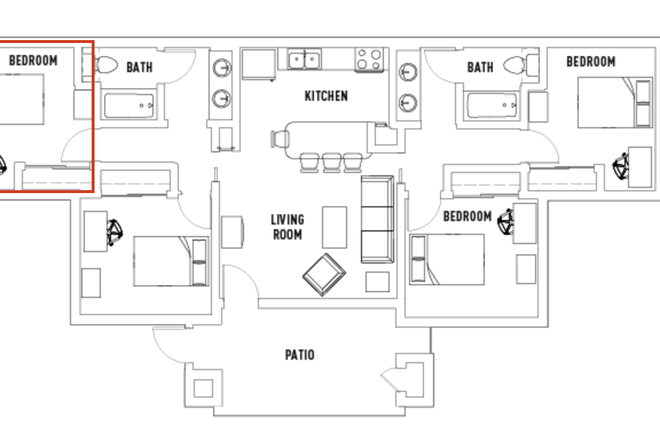 Floor plan, room for rent is highlighted. - Summer Subease: Private Room VDC 2 Bed 4 Bath