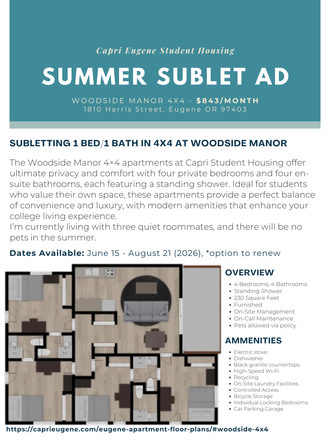 Sublet Ad - Woodside Manor, Capri Eugene Apartments