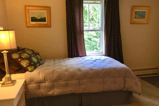 The window a private backyard; bed, night table, lamps, built in book shelves and large closet with shelves. good quality mattress - studio apt in quiet, safe neighborhood. Utilities included: wifi, heat, electricity, and laundry