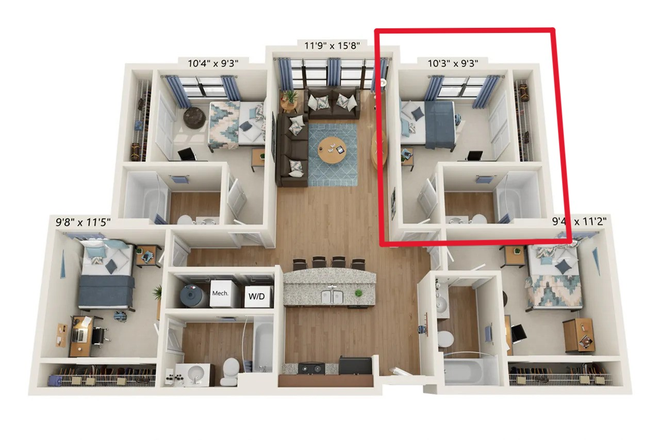 Entire Unit, with Offered Bedroom Highlighted - Single Bedroom/Bathroom at The Varsity at UMD Apartments