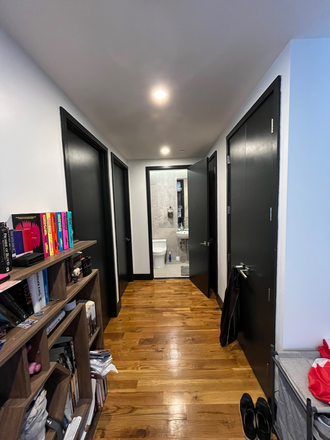 Hallway and second bathroom, with two bedrooms to the left and a closet to the right - Room to Rent in 3BR 2B Ridgewood/Bushwick Apartment