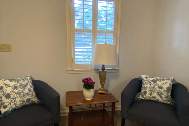 Living area with loveseat, two small accent chairs and kitchenette table with two chairs - Furnished James Island home including utilities - minutes to campus and to the beach