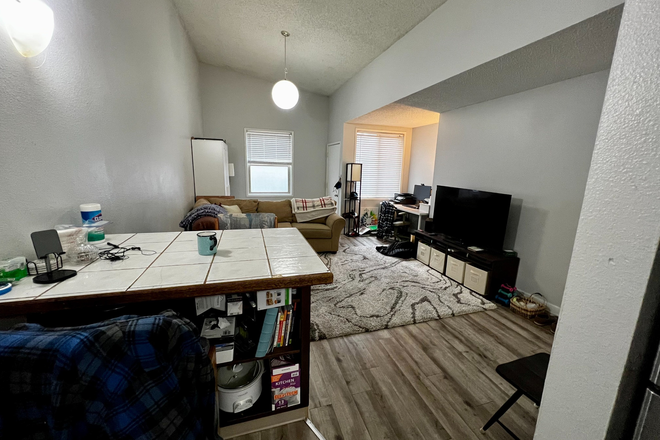 View from kitchen toward Entry & Living Room. Note the extra built-in storage in bar counter. - 1414 Alder | 2 Minute Walk to UO Campus, Parking Included Apartments