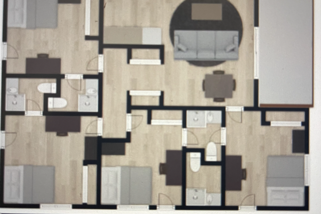 floor plan. - Fully furnished room with en suite bathroom and shared living room/kitchen.