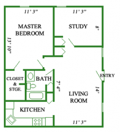 Floor plan, study room/ smaller bedroom is avaiable for rent - Puffton Village Apts, apt-1bath+study, Room available for rent for fall 2026