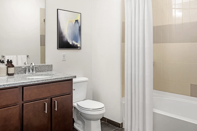 Bathroom with Tub & Shower - 1-Bedroom Accessible Apartment with Fitness Center & Pool Amenities