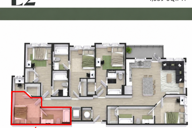 Private furnished bedroom with private bathroom in a 5-bed/5-bath E2 apartment. The apartment is 1,539 sq. ft. and features a spacious share - Monarch Gainesville Apartments